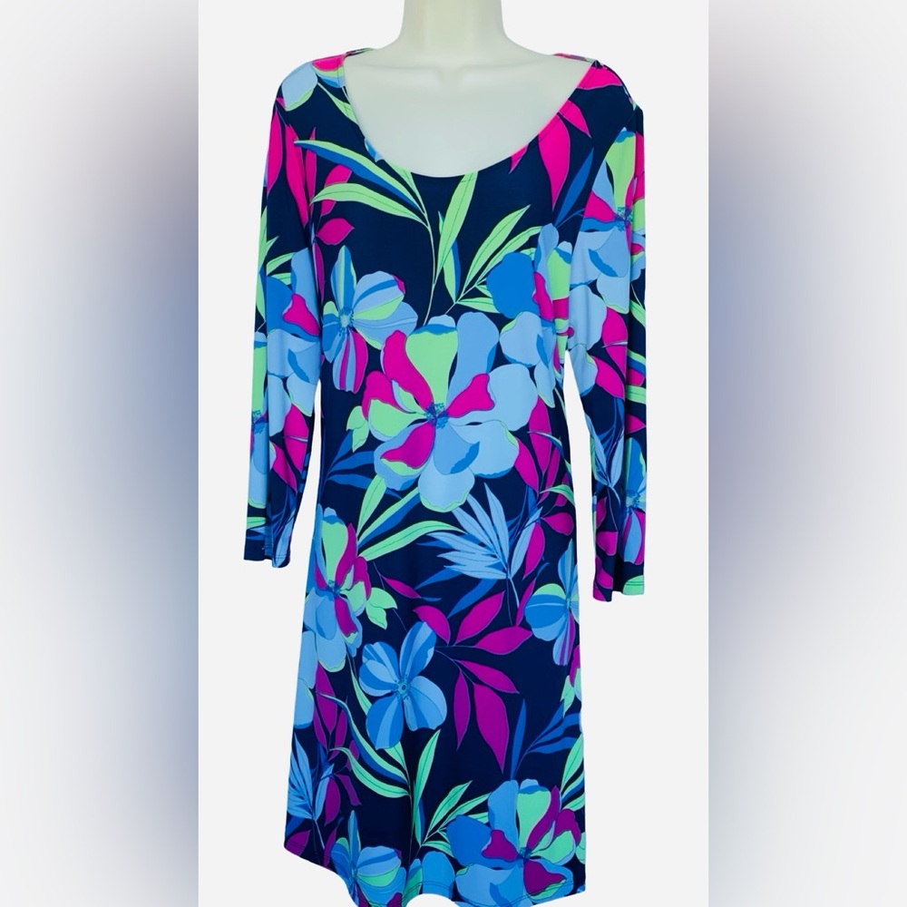 Pappagallo Floral Dress with Blue and Green Accents, Long Sleeves Size L
